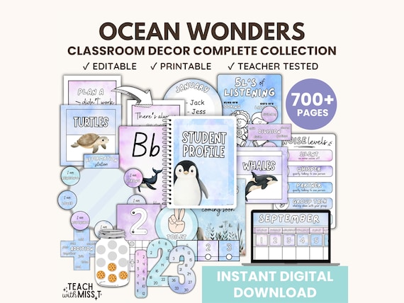 Watercolor Ocean Animals Classroom Decor Bundle | Editable Classroom Printables | Complete Collection | Classroom Management