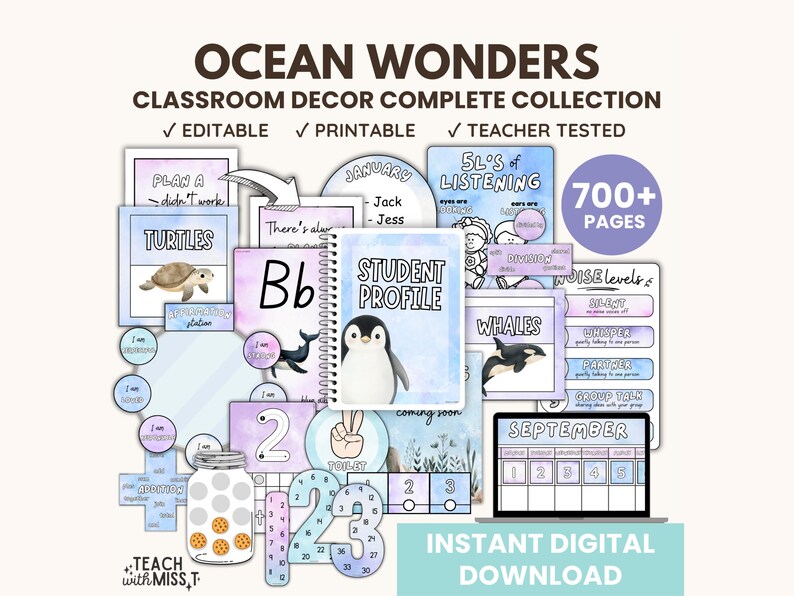 May include: Ocean Wonders Classroom Decor Complete Collection, a digital download with over 700 pages of printable classroom decor. The image shows a variety of classroom decor items, including a student profile, a calendar, a noise level chart, and a whale chart. The decor is in a blue and purple color scheme with ocean-themed illustrations.