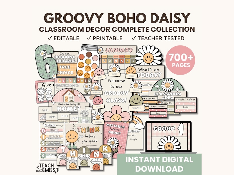 Groovy Boho Daisy Classroom Decor Bundle | Editable Classroom ...
