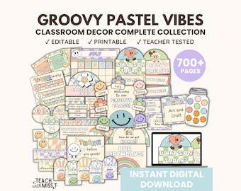 Groovy Pastell Klassenzimmer Dekor Bündel | Bearbeitbare Klassenzimmer Printables | Komplette Kollektion | Klassenzimmer-Planung | Zurück in der Schule
