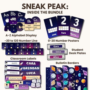 May include: A sneak peek inside a space-themed classroom decor bundle. The bundle includes alphabet and number posters, student desk plates, classroom labels, and bulletin board borders. The design features a dark blue background with stars and planets.