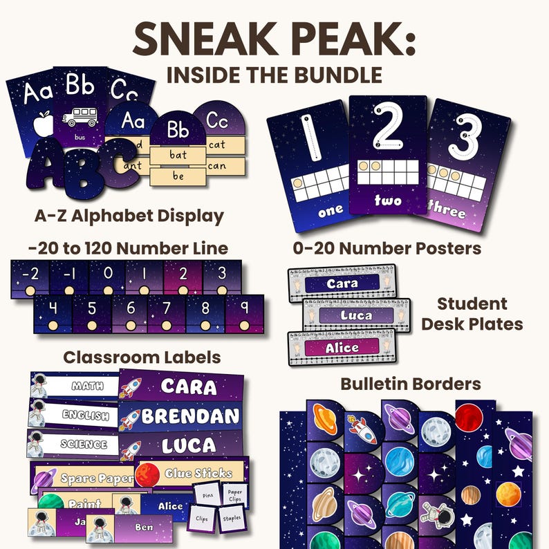 May include: A sneak peek inside a space-themed classroom decor bundle. The bundle includes alphabet and number posters, student desk plates, classroom labels, and bulletin board borders. The design features a dark blue background with stars and planets.