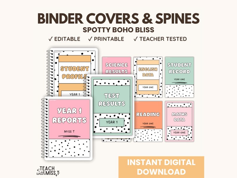 Spotty Boho Binder Covers and Spines: Editable Teacher Printables ...