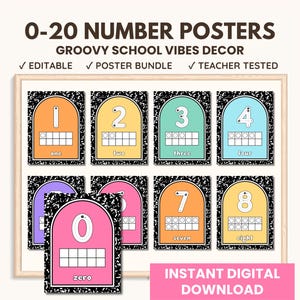 Groovy School Vibes 0-20 Number Posters with Ten Frames | Classroom Math Decor | Math Bulletin Board Ideas | Composition Theme Classroom
