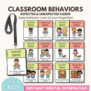 May include: A set of 26 classroom behaviour cards, labelled "Expected" and "Unexpected," with illustrations of children demonstrating various behaviours. The cards are designed to help children understand appropriate classroom conduct. The text "CLASSROOM BEHAVIOURS" is at the top.