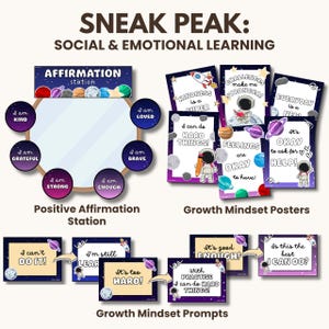 May include: A set of colourful posters and cards with a space theme for classroom use. The posters feature positive affirmations and growth mindset messages. The cards include phrases like "I am kind", "I am brave", "It's good enough", and "I can do hard things!"