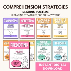 Reading Comprehension Strategies Posters: Primary English Resources Set of 18 (Digital Download)
