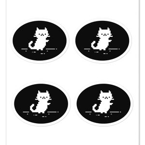 May include: Four white pixelated cat stickers on a white background. Each sticker is a circle with a black background.