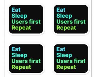 May include: Four black square stickers with white borders. Each sticker has the text "Eat Sleep Users first Repeat" in green and blue text.