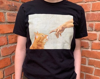 Indie Aesthetic Michaelangelo Creation Adam Cat Unisex T-Shirt, y2k 90s Art, Cute Vintage Orange Kitty Gods Hand, Soft Artsy God Nose Boop