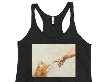 Michelangelo Meets Feline Indie Aesthetic Creation Art Women Tank Top, for Art Lovers, Cat Fanatics, 90s Style Admirers, Art Students
