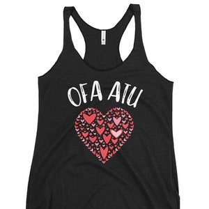 May include: Black tank top with a white heart design and the text "OFA AIU" in white.