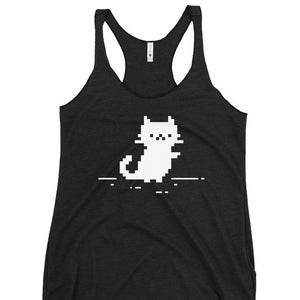 May include: A black racerback tank top featuring a white pixelated cat design. The cat is sitting with its paws out, and the design is reminiscent of retro video game graphics. The tank top has a scoop neck and a racerback style.