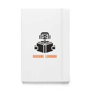 Könnte beinhalten: Ein weißes Notizbuch mit einem schwarzen Roboter, der ein Buch liest, und dem Text "MACHINE LEARNING" in Orange.