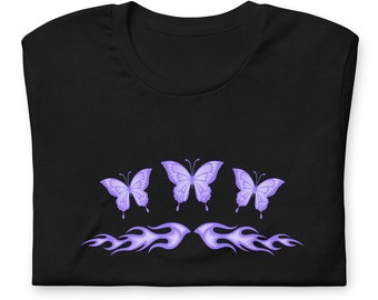 Fairycore Purple Butterfly Tattoo Flames Shirt - y2k Egirl Aesthetic - Tribal Tattoo - Harajuku Aesthetic - Pastel Grunge Goth - Unisex Tee
