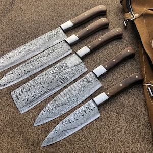 Custom Handmade Damascus Steel Chef Set of 5, Kitchen Knife, Birthday Gift, Anniversary Gift , Chef Set with Roll over Leather Sheath