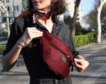 Unisex OVERSIZE Gürteltasche, Bauchtasche mit Baumwolle gefüttert & Doppeltaschen, Burgunderrote waschbare Hüfttasche für den täglichen Gebrauch auf Reisen, am Wochenende
