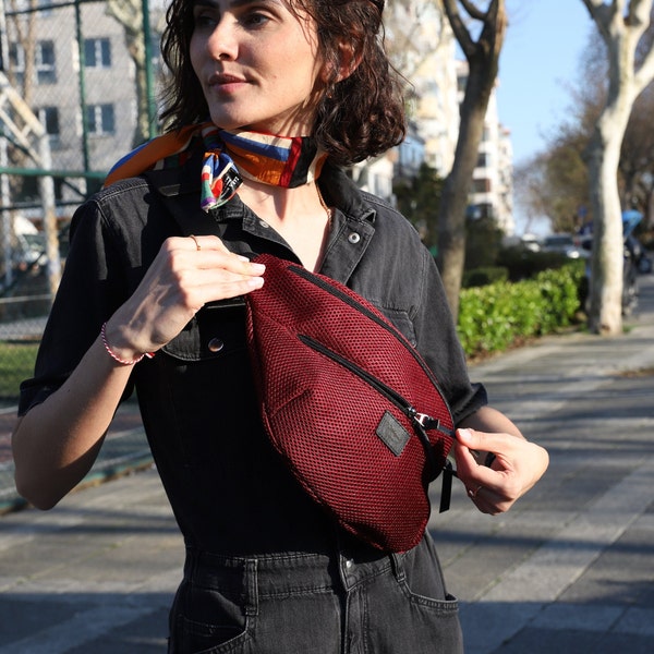 Unisex OVERSIZE Waist Bag, Fanny Pack with Cotton Lined & Double Pockets, Burgundy Red Washable Hip Bag for Daily Use at Travel, Weekend