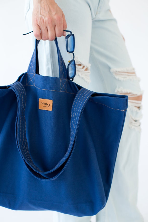 Navy blue top canvas tote bag