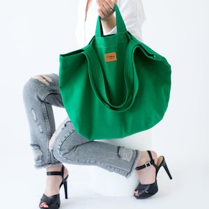 Bolsa grande de lona, bolsa de ombro verde minimalista