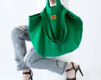 Large Canvas Tote Bag, Minimalist Green Shoulder Bag