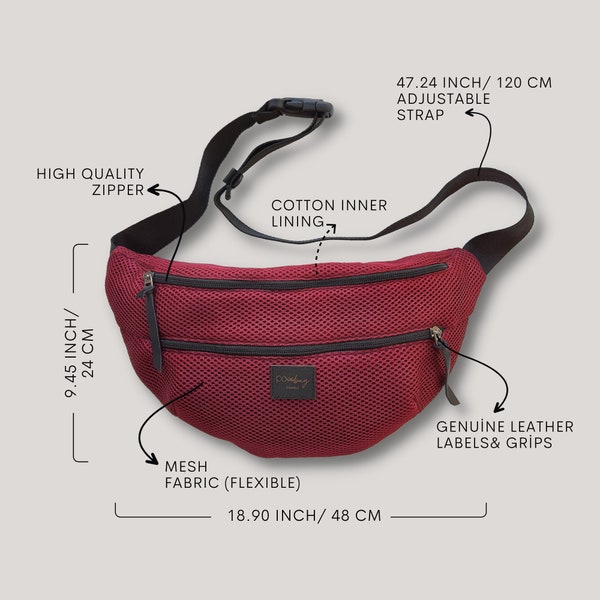 Unisex OVERSIZE Waist Bag, Fanny Pack with Cotton Lined & Double Pockets, Burgundy Red Washable Hip Bag for Daily Use at Travel, Weekend