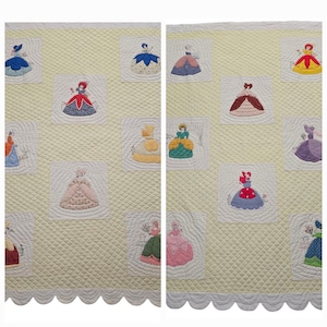 Paar handgemaakte vintage Southern Belle-quilt gele geschulpte appliqué met de hand genaaid gestikt dames gedetailleerd 1983