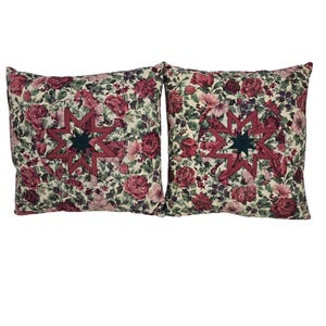 Handmade Quilted 14&quot; Square Throw Pillow Floral Folded Star Starburst Pair 2
