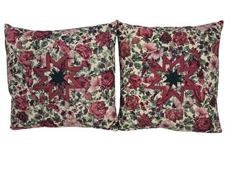 Handgefertigtes gestepptes 14-Zoll-Wurfkissen Floral gefalteter Stern-Starburst-Paar 2