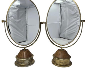 Espejo de tocador vintage de latón, ovalado, de 20 pulgadas, par, neoclásico, doble cara, juego de 2