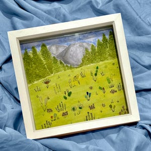 Framed sea glass art - seaglass art in white deep box frame with multicoloured nature watercolour wildflower meadow design