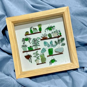 Framed sea glass art - framed seaglass houseplant shelves art with watercolour plants in wooden deep box frame - plant shelf art