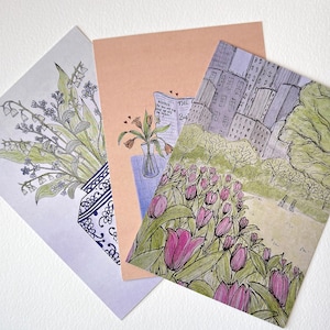Postcard art set of three - floral and landscape postcards in recycled paper by Handmade By Molly