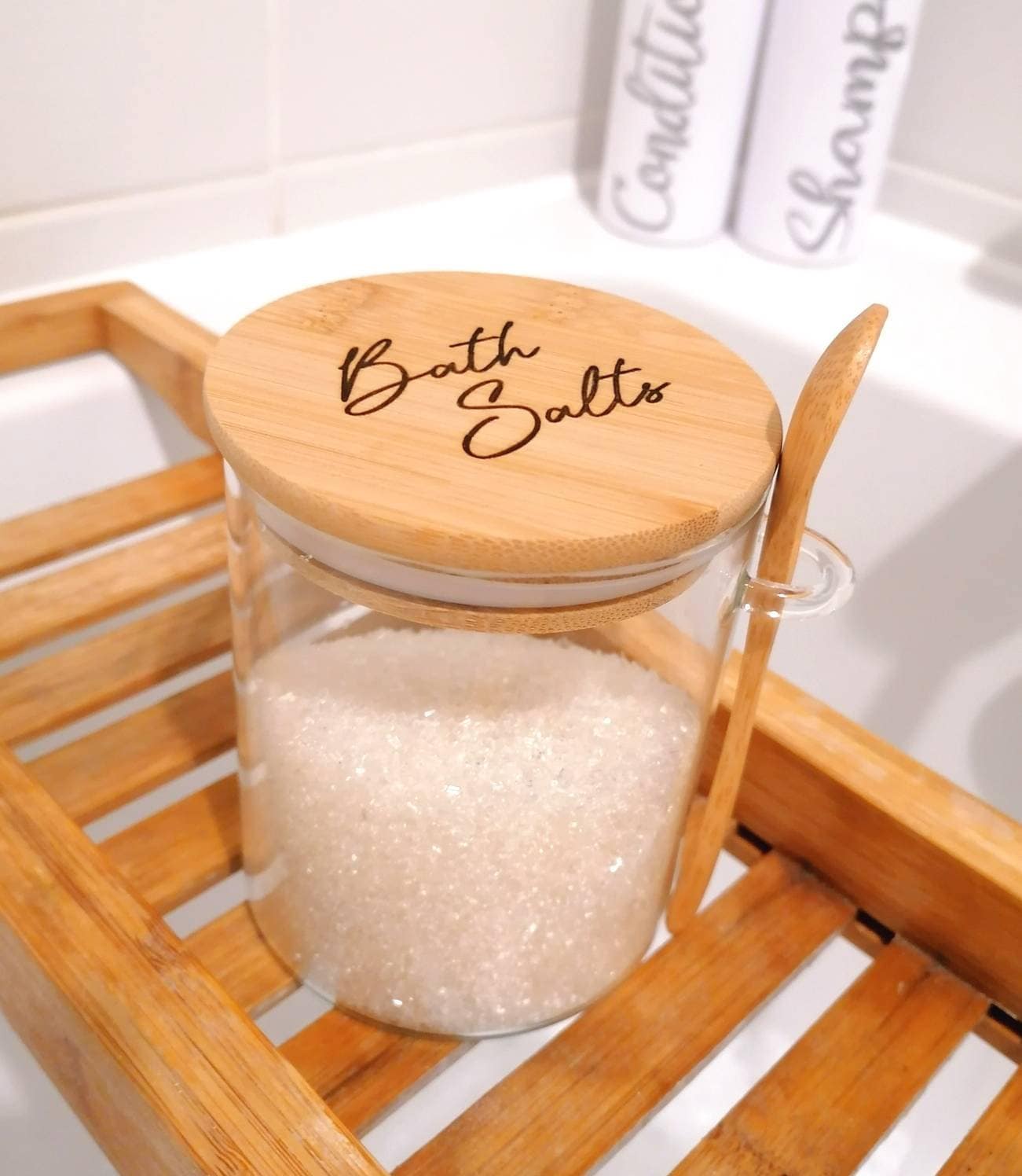 Engraved Bamboo Bath Salts Storage Glass Jar With Spoon Etsy