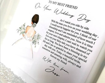 May include: A white card with a black border and a handwritten message to a best friend on their wedding day. The card features a drawing of a bride in a white dress with a bouquet of flowers. The message reads, "To my best friend, On your wedding day, With the man you love on your wedding day, As I watch you side by side I could not be happier for you. I think of our friendship and I am reminded of how much I respect, love and admire you. Now it is time for your next chapter, I can't wait to watch you live out your fairy-tale you have dreamed of for so long. You have been a blessing in my life and I am so grateful to share your special day with you. Today a beautiful bride, tomorrow and amazing wife, always and forever my friend, With love from, Jess."