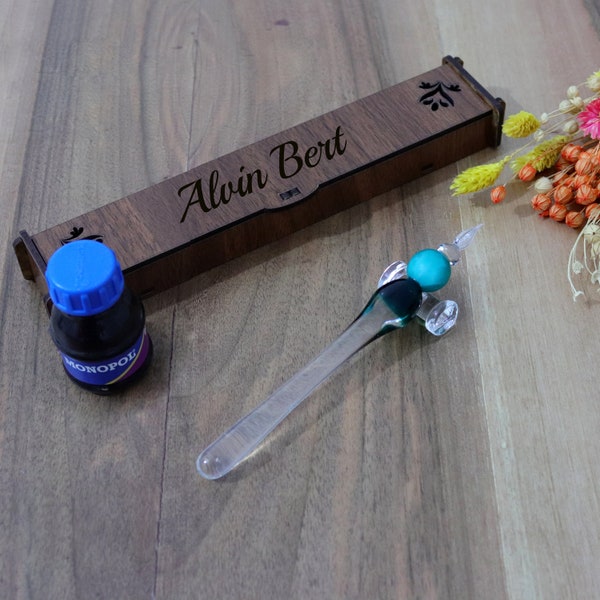 Murano Glass Pen Set, Custom Wooden Boxed Pen Set, Pen With Ink, Handmade Glass Pen, Book Shelf Decor, Gift For Teacher