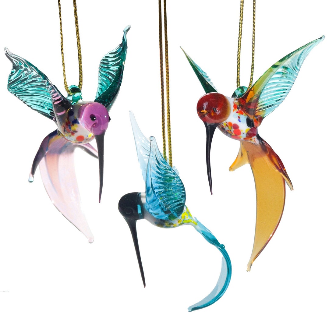 Noel Tree Bird Glass Ornament, Hangable Glass Hummingbird Figure, Blue