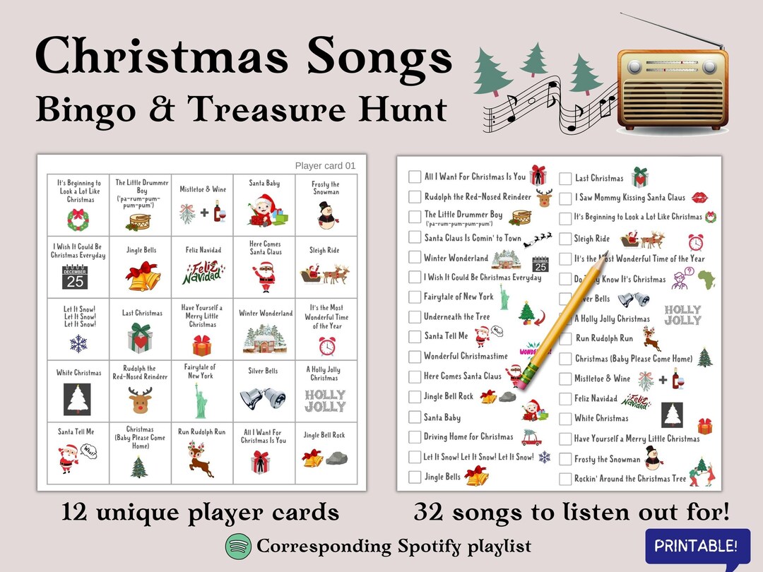 christmas-songs-bingo-treasure-hunt-printable-holiday-game-digital-download-etsy for Free Printable Christmas Song Games Christmas Songs Bingo & Treasure Hunt: Printable Holiday Game (digital Download) - Etsy for Free Printable Christmas Song Games