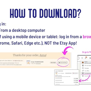 May include: A screenshot of a computer screen showing instructions on how to download digital files from Etsy. The instructions say to log in from a desktop computer or a browser on a mobile device or tablet, but not from the Etsy app. The screenshot also shows a message thanking the customer for their order and a link to view their purchases.