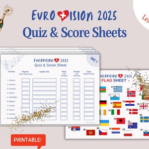 Tarjetas de puntuación de Eurovisión 2025, hojas de preguntas sobre capitales y banderas, preguntas sobre la fiesta de Eurovisión
