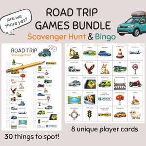 Juegos para viajes en coche: Paquete de bingo y búsqueda del tesoro - Actividad imprimible para viajes por carretera (descarga en PDF)
