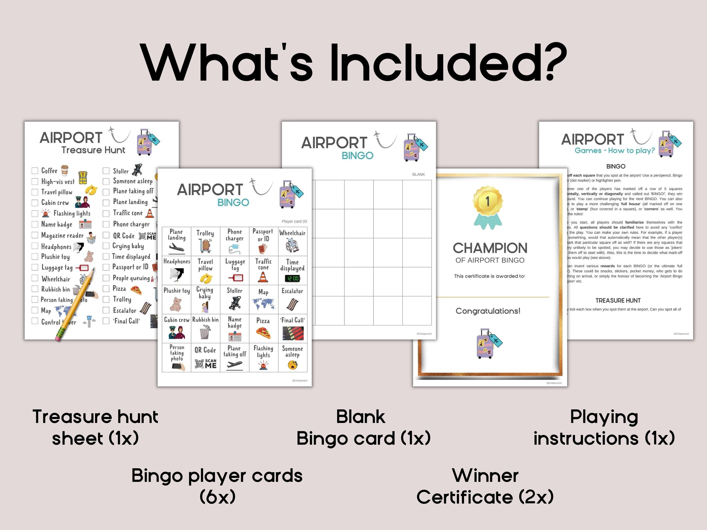 Airport BINGO &amp; Treasure Hunt, Printable Travel Game for Kids, Airport ...