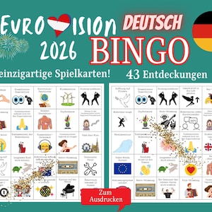 May include: A teal Bingo game card with the text "EUROVISION DEUTSCH 2026 BINGO". The card features a German flag and a heart with the Austrian flag. It includes 30 unique game cards and 43 discoveries.