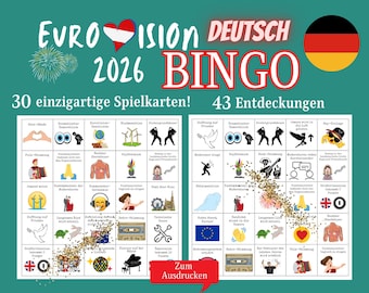 Eurovision 2026 Bingo-Spiel: Watchparty, 30 einzigartige Karten (digitaler Download) Auf Deutsch!