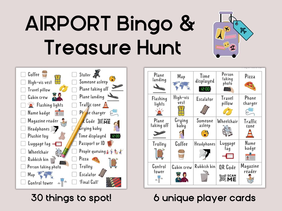 Airport BINGO &amp; Treasure Hunt, Printable Travel Game for Kids, Airport ...