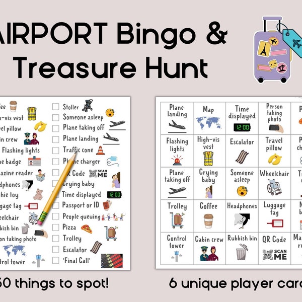 Airport BINGO & Treasure Hunt, Printable Travel Game for Kids, Airport Scavenger Hunt