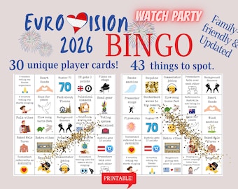 Eurovision 2026 Bingo Game: Watch Party, 30 Unique Cards (Digital Download)