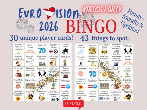 Eurovision 2026 Bingo Game: Watch Party, 30 Unique Cards (Digital Download)