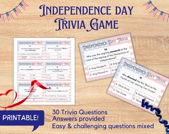 May include: Printable Independence Day trivia game with 30 questions and answers. The cards are pink and blue with a red, white, and blue American flag design. The text on the cards is black.