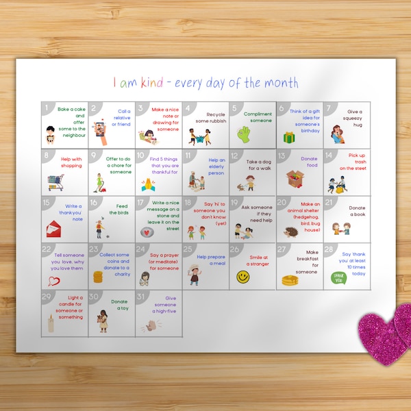 Random Acts of Kindness Calendar & Planner, Printable Activity for Kids